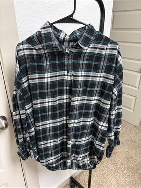 French Connection Black, White & Teal Plaid Shirt
